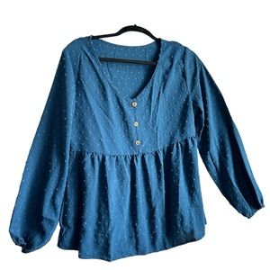 women's Casual Lantern Long Sleeve Swiss Dot Blouse Sheer V Neck Size Large